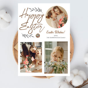 Floral Elegant Script Easter Family Three Photo Holiday Card