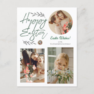Floral Elegant Script Easter Family Three Photo Holiday Postcard