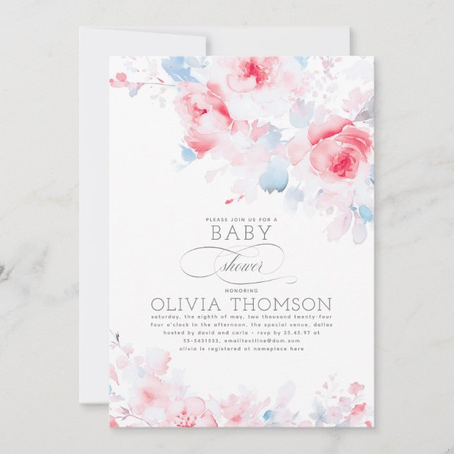 Floral Elegant Soft Dusty Blue Pink Baby Shower Invitation (Front)