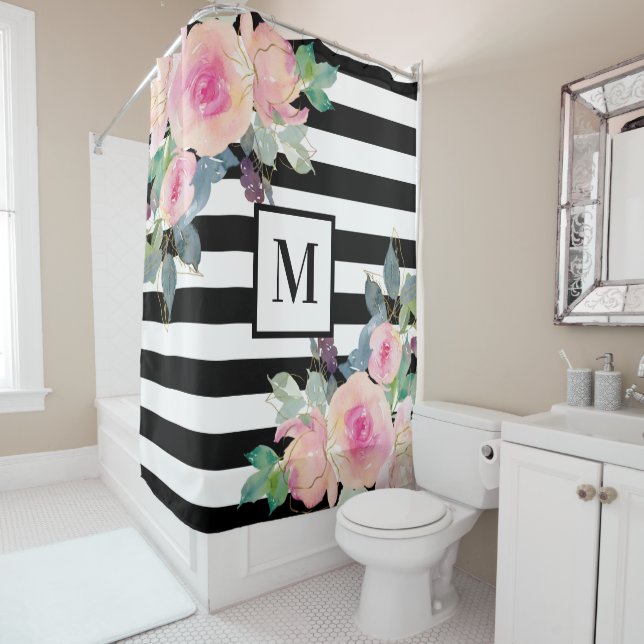 Floral Elegant Stripes Monogram Pink Black White Shower Curtain (In Situ)