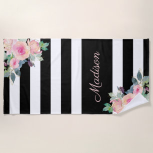 Floral Elegant Stripes Name Pink Black White Beach Towel