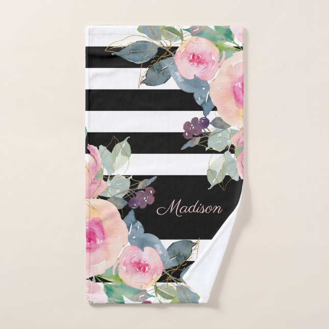 Floral Elegant Stripes Pink Black White Custom Hand Towel (Hand Towel)