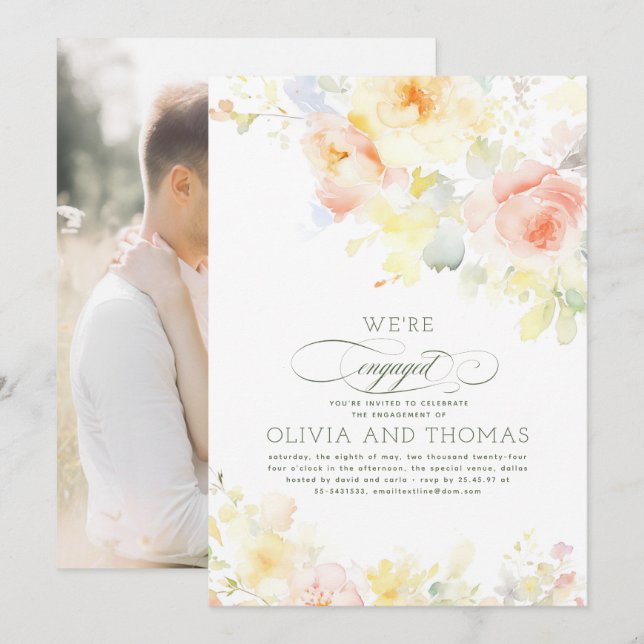 Floral Elegant Summer Engagement Party Photo Invitation (Front/Back)