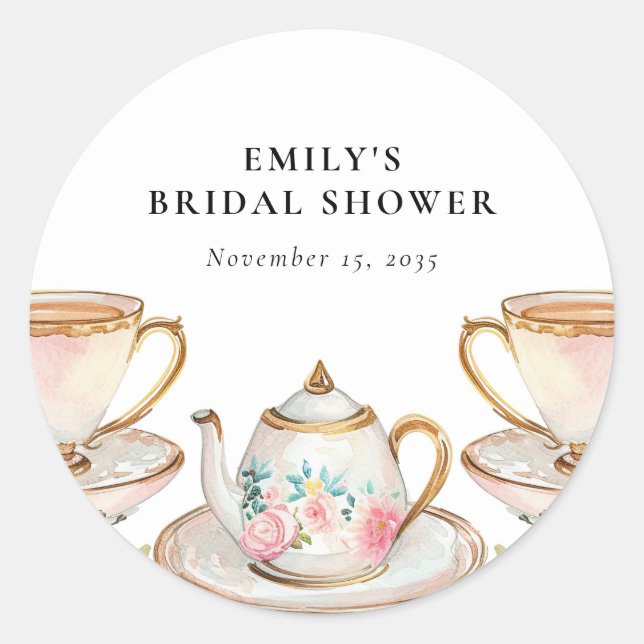 Floral Elegant Tea Party Bridal Shower Classic Round Sticker (Front)