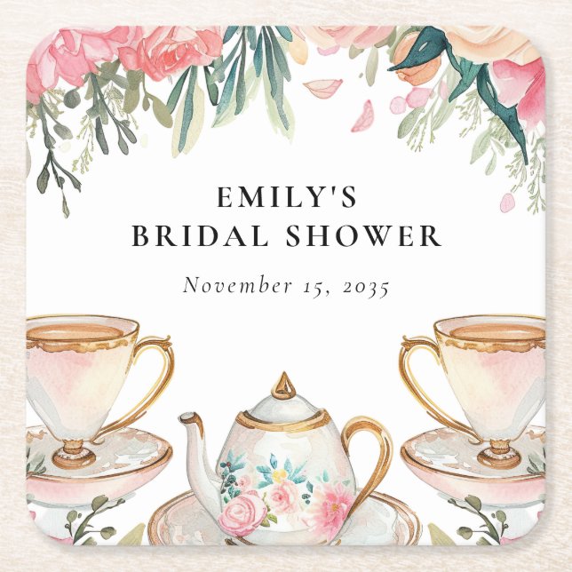 Floral Elegant Tea Party Bridal Shower Square Paper Coaster (Front)