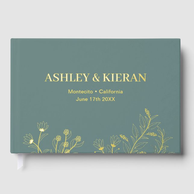 Floral Elegant Teal Wedding Foil Guest Book (Front)