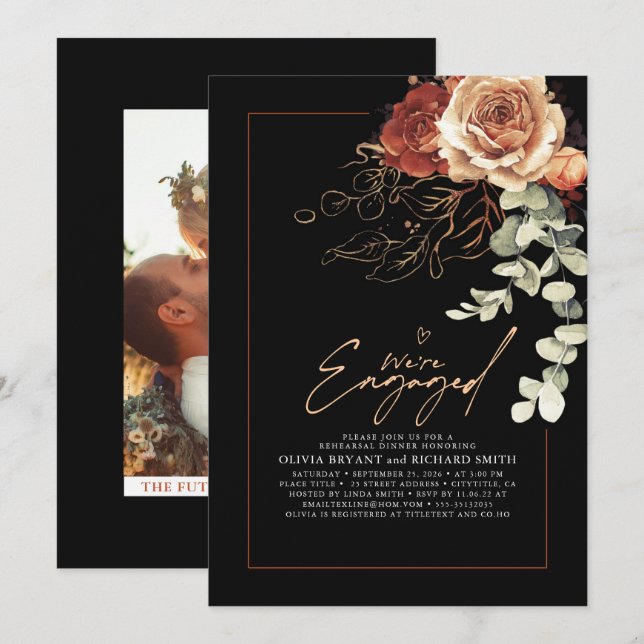 Floral Elegant Terracotta Black Engagement Party Invitation (Front/Back)
