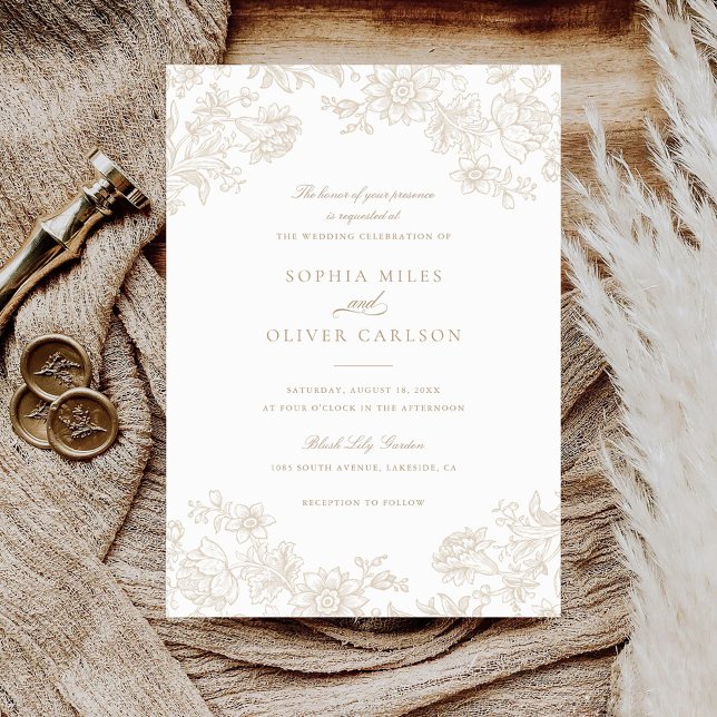 Floral Elegant Vintage Beige Neutral Wedding Invitation (Creator Uploaded)