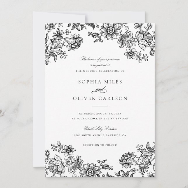 Floral Elegant Vintage Black White Wedding Invitation (Front)