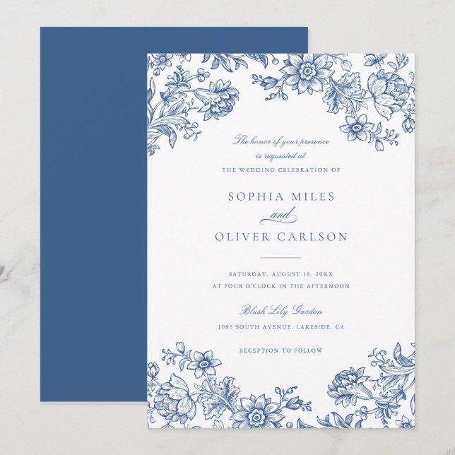 Floral Elegant Vintage Blue Wedding Invitation (Front/Back)