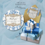 Floral Elegant Vintage Blue White Gold Thank You Classic Round Sticker<br><div class="desc">Thank your guests with these classic, traditional yet modern Bridal Shower stickers and matching decor in blue and white for an elegant vintage theme. Graphically designed, 3D looking baroque rococo gold frame is placed over an elegant vintage French or English classic floral wallpaper pattern. Created from a black and white...</div>