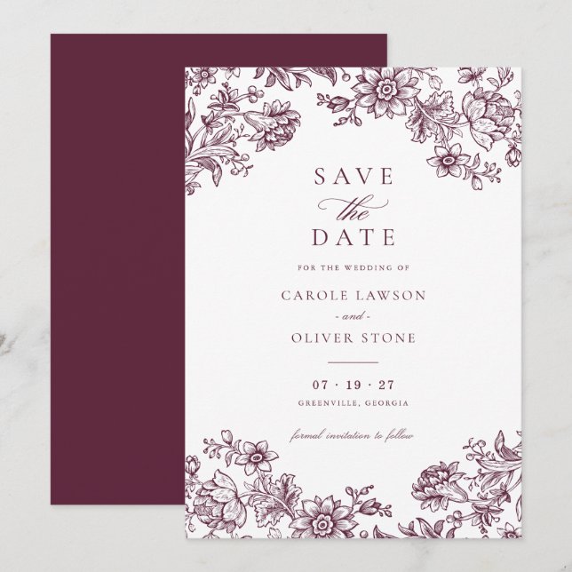Floral Elegant Vintage Burgundy Save the Date Invitation (Front/Back)