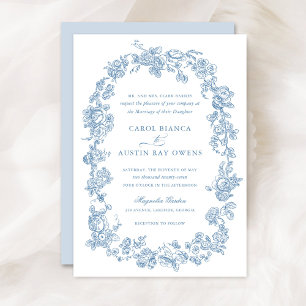 Floral Elegant Vintage French Blue Roses Wedding Invitation