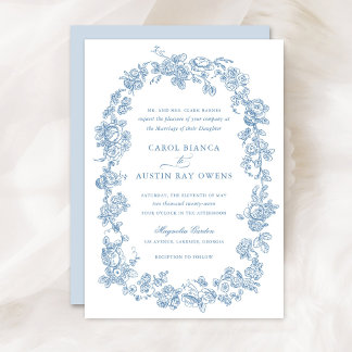 Floral Elegant Vintage French Blue Roses Wedding Invitation