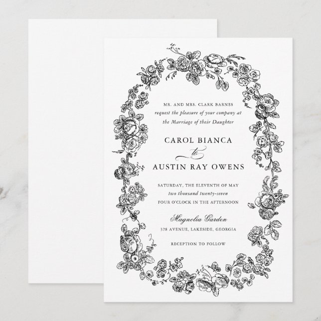 Floral Elegant Vintage French Roses Wedding Invitation (Front/Back)