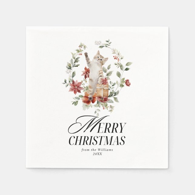 Floral Elegant Watercolor Cat Merry Christmas  Napkin (Front)