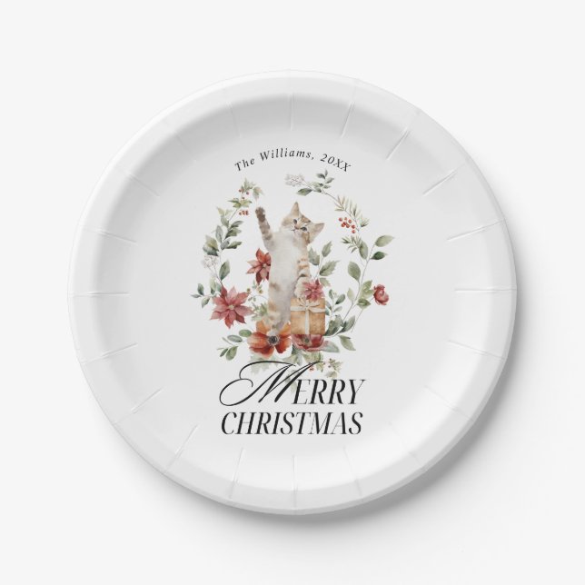 Floral Elegant Watercolor Cat Merry Christmas  Paper Plate (Front)
