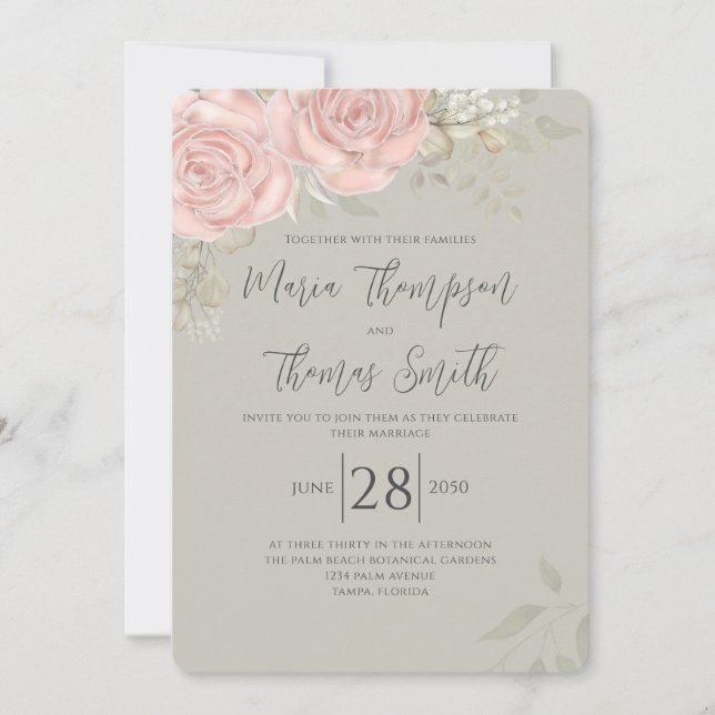 Floral Elegant Watercolor Greenery Rose Gold Leaf Invitation (Front)