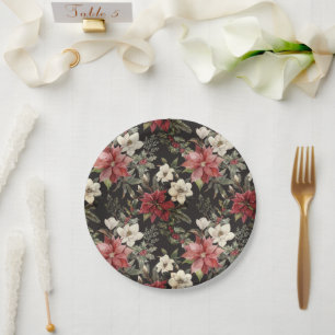 Floral Elegant Watercolor Merry Christmas Paper Plate