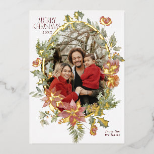 Floral Elegant Watercolor Merry Christmas Photo Foil Holiday Card