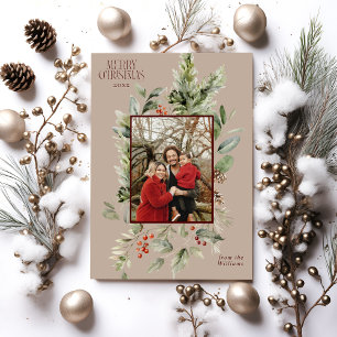 Floral Elegant Watercolor Merry Christmas Photo Holiday Card