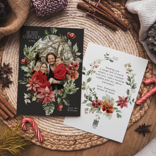 Floral Elegant Watercolor Merry Christmas Photo Holiday Card (Creator Uploaded)