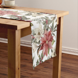 Floral Elegant Watercolor Merry Christmas Short Table Runner