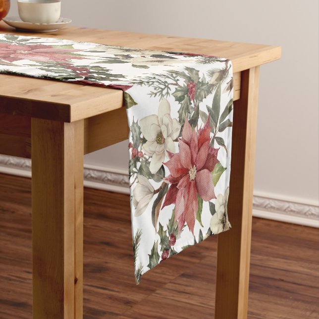 Floral Elegant Watercolor Merry Christmas Short Table Runner (In Situ)
