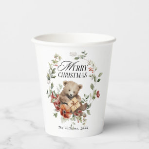 Floral Elegant Watercolor Merry Christmas Wishes Paper Cups
