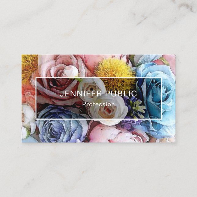 Floral Elegant Watercolor Roses Modern Template Business Card (Front)
