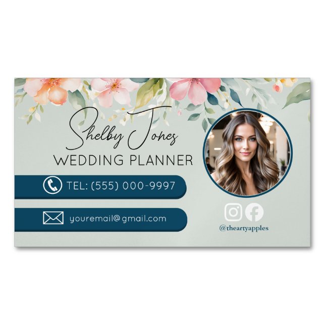 floral Elegant Wedding Planner small business Magnetic Business Card (Front)