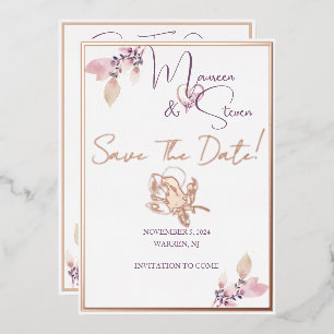 Floral Elegant White Save The Date Foil Card