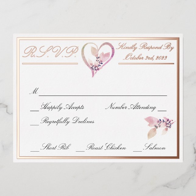 Floral Elegant White Wedding RSVP Rose Gold Foil Invitation Postcard (Front)