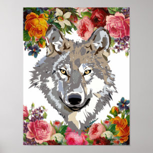 Floral Elegant Wolf Small Wall Art Poster