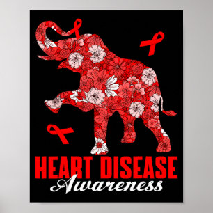 Floral Elephant & Red Ribbon Heart Disease Awa Poster