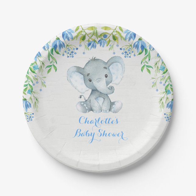 Floral Elephant Baby Boy Shower Blue Party Plate (Front)