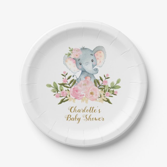 Floral Elephant Baby Girl Birthday Party 7" Plate (Front)
