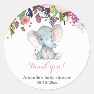 Floral Elephant Baby Shower Blue Thank You Favour Classic Round Sticker