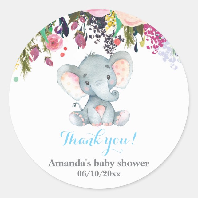 Floral Elephant Baby Shower Blue Thank You Favour Classic Round Sticker (Front)