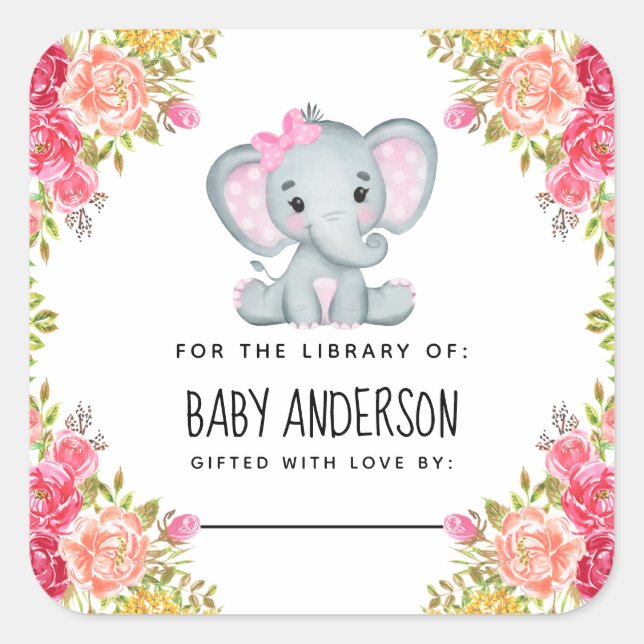Floral Elephant Baby Shower Bookplate  Square Sticker (Front)