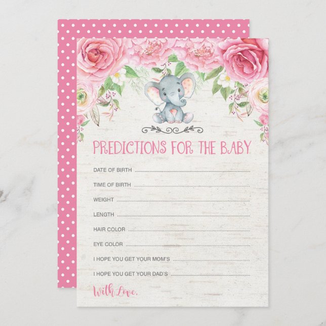 Floral Elephant Baby Shower Game Predictions Card (Front/Back)