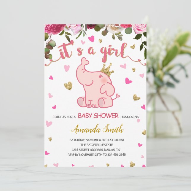 Floral Elephant Baby Shower Invitation Card Girl (Standing Front)