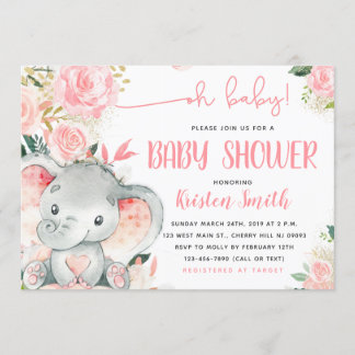 Floral Elephant Baby Shower Invitations for a Girl