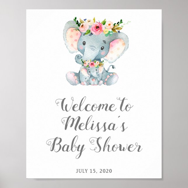 Floral Elephant Baby Shower Sign, Baby Girl Shower Poster (Front)