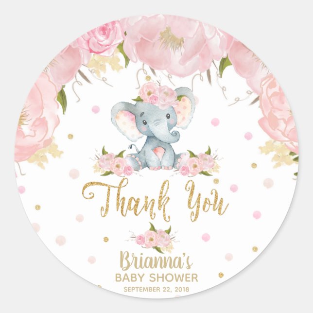Floral Elephant Baby Shower Thank You Classic Round Sticker (Front)