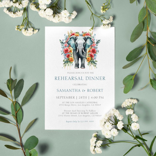 Floral Elephant Bay Blue White Rehearsal Dinner Invitation (Creator Uploaded)