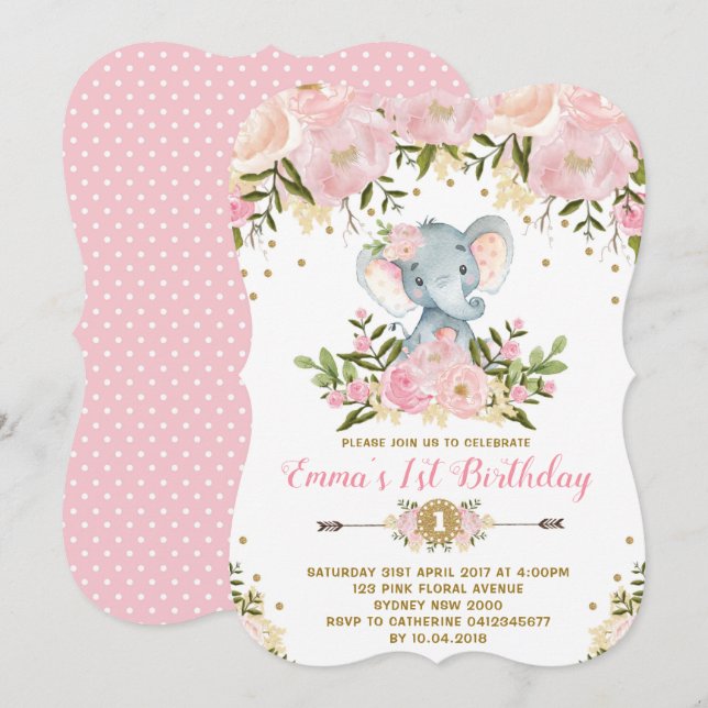 Floral Elephant Birthday Invitation Pink & Gold (Front/Back)