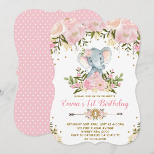 Floral Elephant Birthday Invitation Pink & Gold