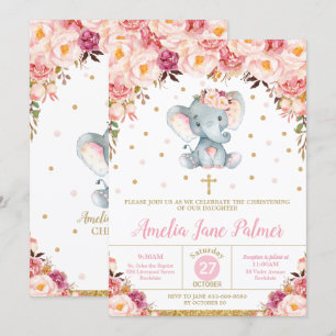 Floral Elephant Christening Baptism Girl Invitation