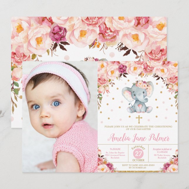 Floral Elephant Christening Baptism Girl Photo Invitation (Front/Back)
